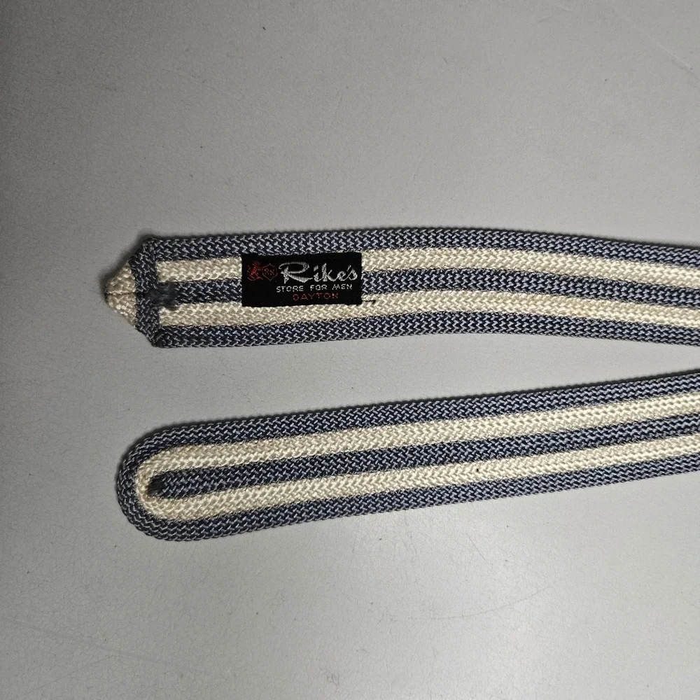 Vintage Rikes Dayton Mens Knit‎ Tie Blue Cream Striped Square End Skinny 60s